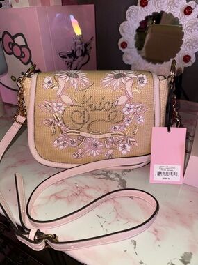 Juicy Couture Juicy in Bloom Pink and Tan Floral Embroidered Crossbody Bag